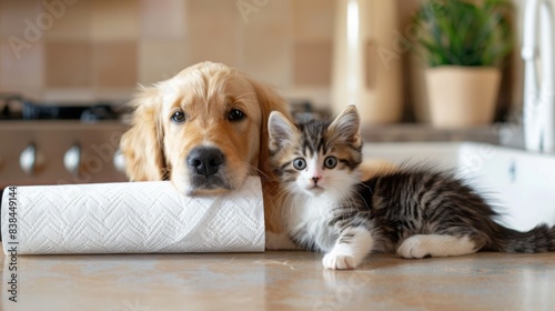 A golden retriever rests its head on a roll of paper towels while a kitten sits beside it, looking up with bright blue eyes. © Emiliia