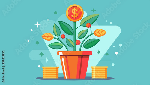Growing plant in a pot with dollar bills, on a pastel background with copy space