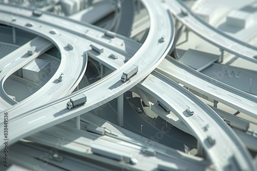Intricate 3D Render of a Smooth Highway Interchange with Trucks Navigating Multiple Lanes