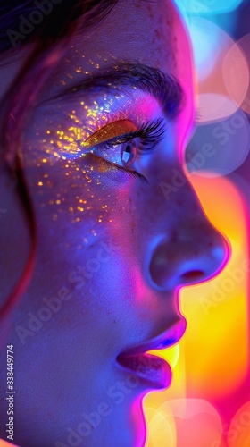 Side view of a woman with digital light effects on her face, modern, photorealistic, vibrant colors, sharp focus 8K , high-resolution, ultra HD,up32K HD photo