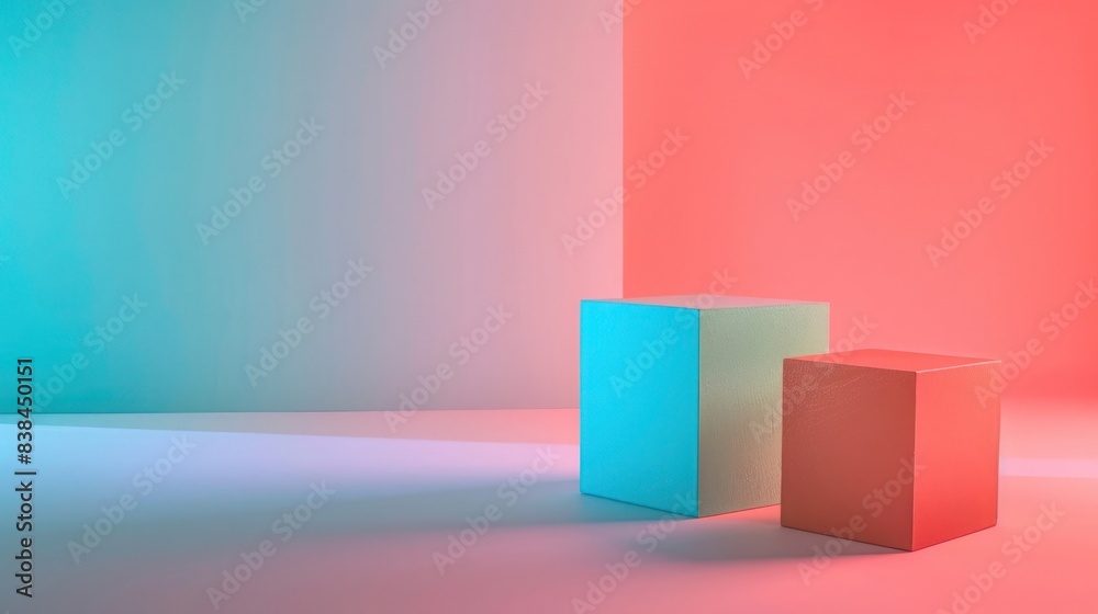 Abstract 3D render of two colored cubes in vibrant lighting for creative design concepts Abstract 3D render of two colored cubes in vibrant lighting for creative design concepts