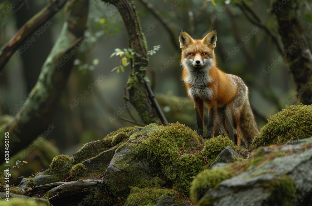 A fox standing on mossy rocks in the forest A fox standing on mossy rocks in the forest