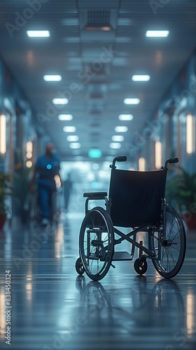 Wheelchair in a hospital setting with medical staff, serene, photorealistic, bright lighting, high detail 8K , high-resolution, ultra HD,up32K HD
