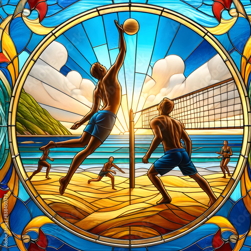 Stained glass picture of Beach Volleybal photo