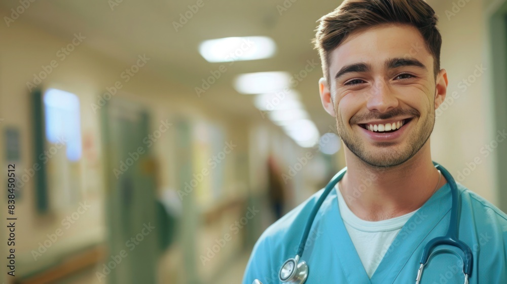 Friendly young male nurse in hospital corridor wearing scrubs and stethoscope. Smiling medical professional ready to assist patients. Friendly young male nurse in hospital corridor wearing scrubs and stethoscope. Smiling medical professional ready to assist patients.