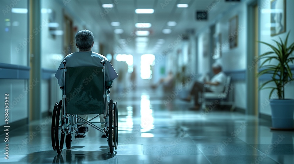 Wheelchairbound patient in a bright hospital hallway, healthcare, photorealistic, natural colors, high resolution 8K , high-resolution, ultra HD,up32K HD