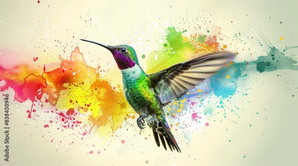 Obraz premium A hummingbird hovers around a burst of colorful paint splashes capturing the delicate beauty of nature in vivid hues