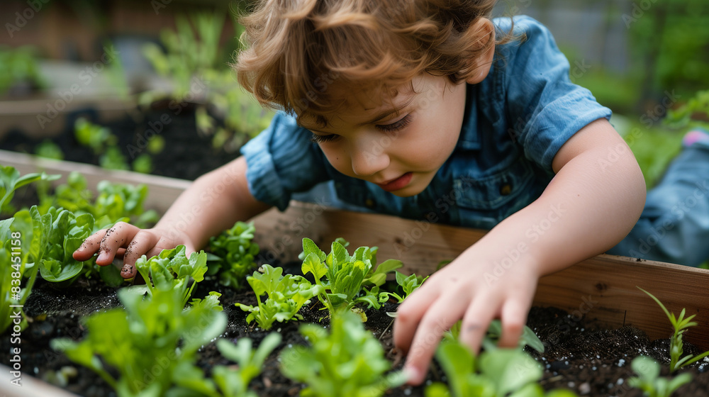 Little boy care about plants seedlings in the vegetable bed Little boy care about plants seedlings in the vegetable bed