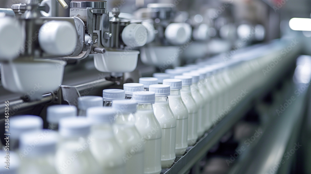 Milk bottles filling line in a factory Milk bottles filling line in a factory