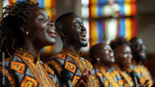 Gospel choir group wear their typical tunics, choral singing inside a church