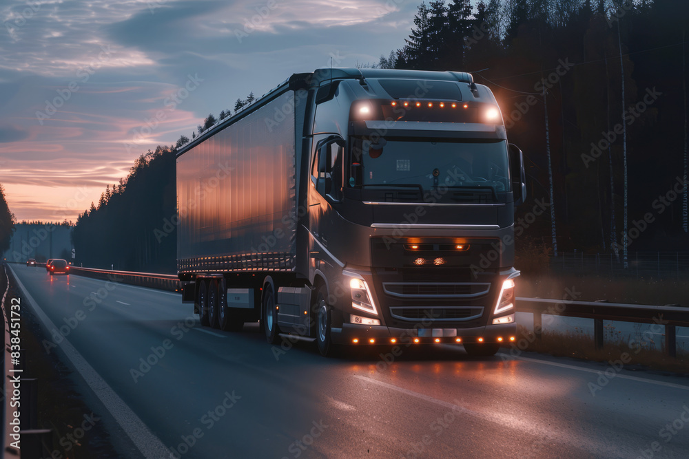 Truck with a semi-trailer driving on an empty highway in the evening, front view slightly from the side, transport and forwarding theme
Truck with a semi-trailer driving on an empty highway in the evening, front view slightly from the side, transport and forwarding theme