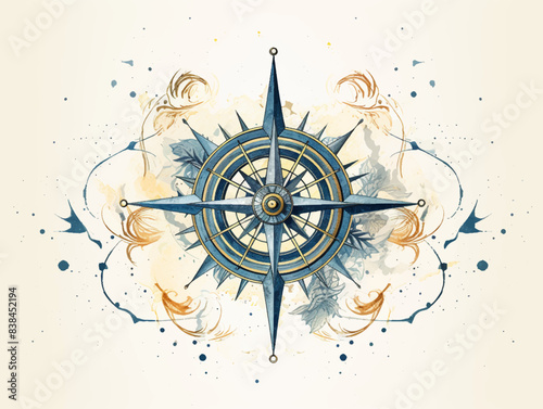 Fotografi Vintage nautical compass windrose ship wheel pattern hand drawn illustration