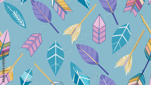 The image features a repeating pattern of colorful arrowheads on a teal background