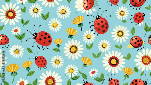The image presents a charming pattern featuring ladybugs and daisies on a light blue background