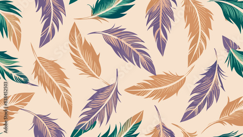 The image displays a pattern consisting of variously colored feathers arranged in a repeating design against a neutral background