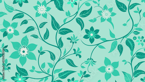 The image displays a pattern of green botanical illustrations against a light blue background