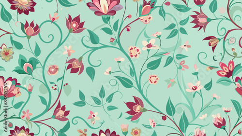 The image displays a repeating pattern featuring a light teal background with a floral and botanical design