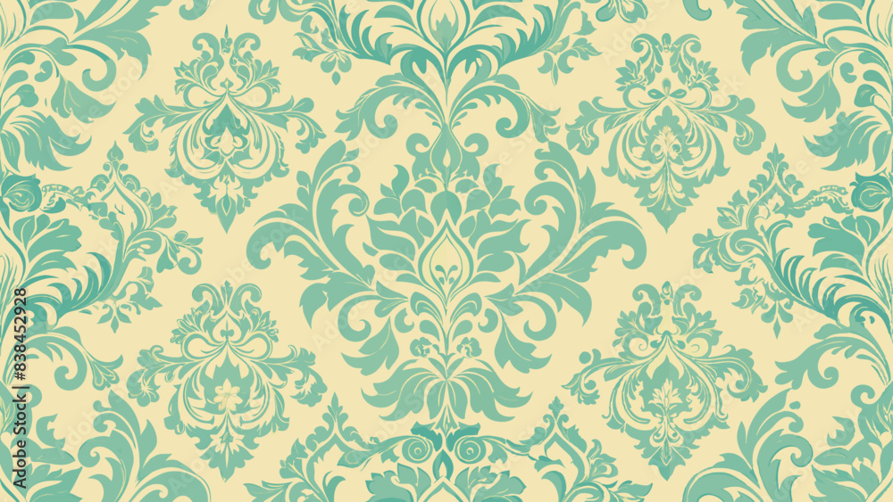 Ornate teal damask pattern on a cream background, featuring symmetrical floral and scroll motifs in a repeating design. Ornate teal damask pattern on a cream background, featuring symmetrical floral and scroll motifs in a repeating design.