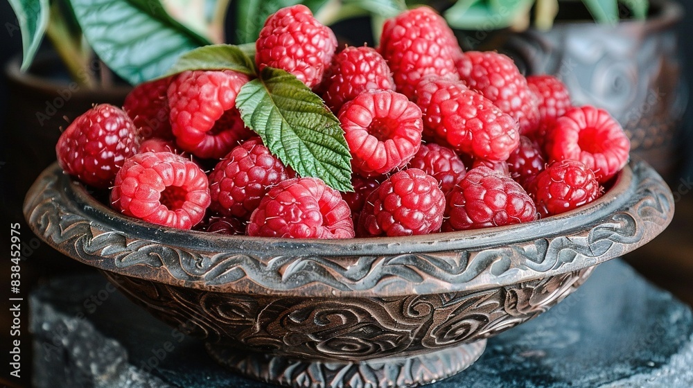 A close-up of a bowl full of ripe raspberries sits atop a wooden table near a vibrant, green potted plant A close-up of a bowl full of ripe raspberries sits atop a wooden table near a vibrant, green potted plant