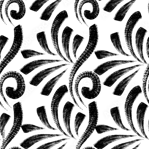 Seamless pattern with textured lines and curls. Black grunge curves printmaking texture. Vintage background with brush strokes