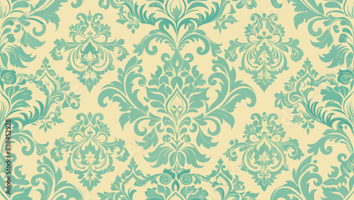 Ornate teal damask pattern on a cream background, featuring symmetrical floral and scroll motifs in a repeating design.