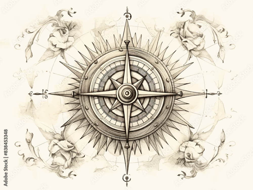 Naklejka premium Vintage nautical compass windrose ship wheel pattern hand drawn illustration