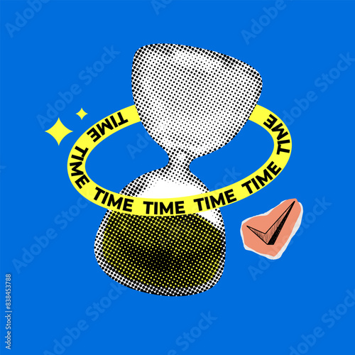 Modern collage. Time management. Halftone hourglass and check mark. Deadline concept. Sand glass clock.Trendy newspaper elements.
