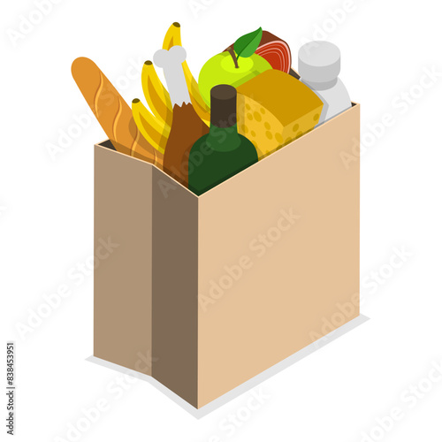 3D Isometric Flat Illustration of Shopping Bags, Different Grocery Sets. Item 6