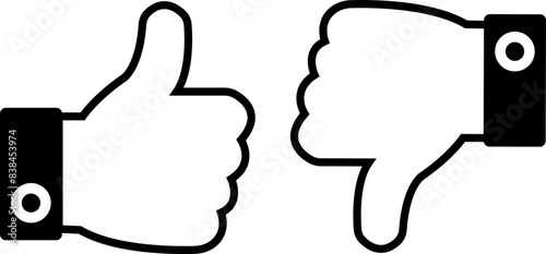 thumbs up and down. Like, dislike and undecided icons in sketchy flat and line style black vector  isolated on transparent background. Pointing gesture hands symbol. Feedback concept