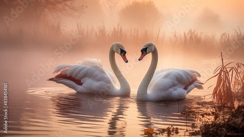 Mute swans preening their feathers on a misty morning lake 