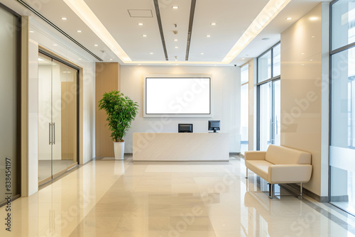 Modern clinic reception lobby interior with blank white screen  clean waiting area  and professional design.