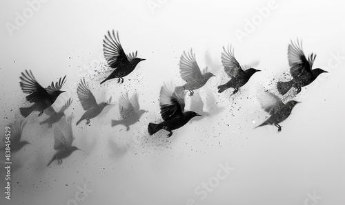 Black and white image of a flock of birds flying in the air