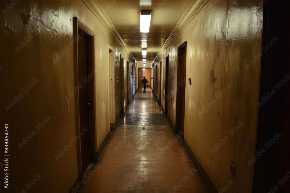 Dimly Lit Narrow Hallway with Closed Doors and Figure in the Distance