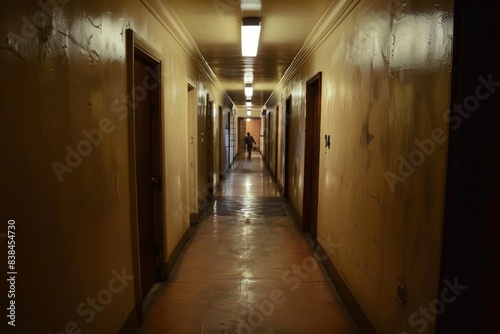 Dimly Lit Narrow Hallway with Closed Doors and Figure in the Distance