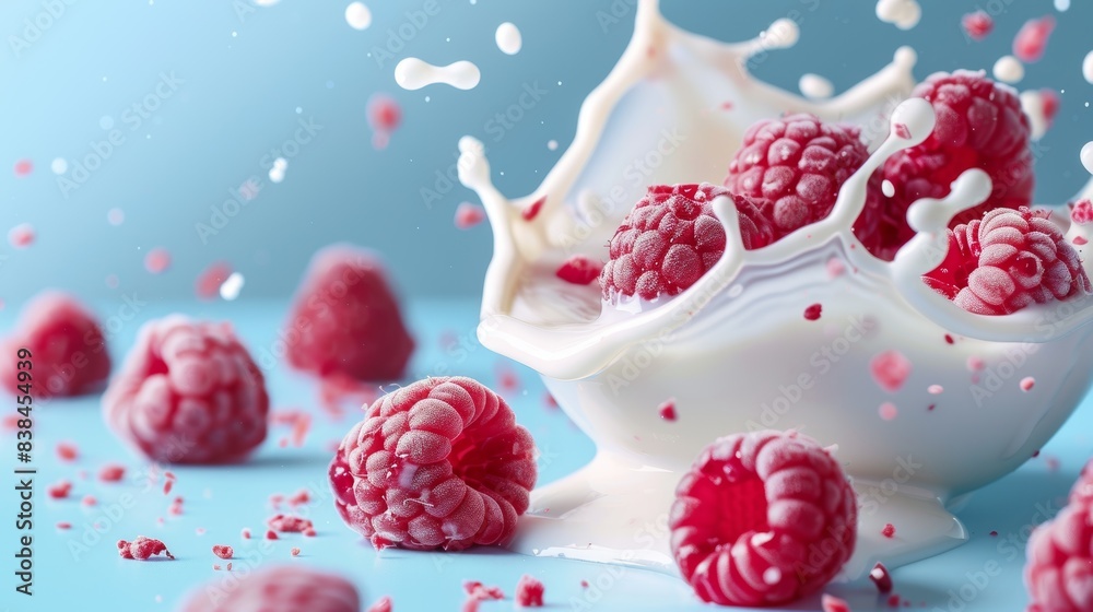 Fresh Raspberry Yogurt Splash on Pastel Blue Background - Inviting Design for Print or Poster