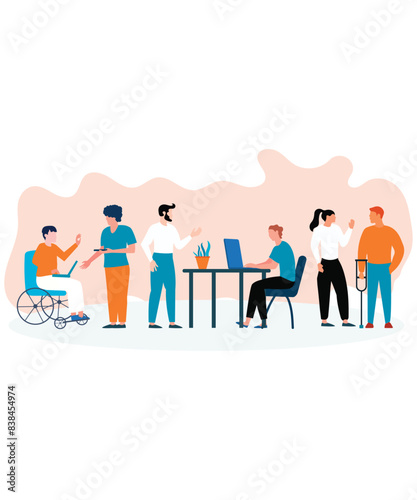 Flat Style Art Of 6 Corporate People In Diversified Workplace Setting Showing Diversity And Inclusion
