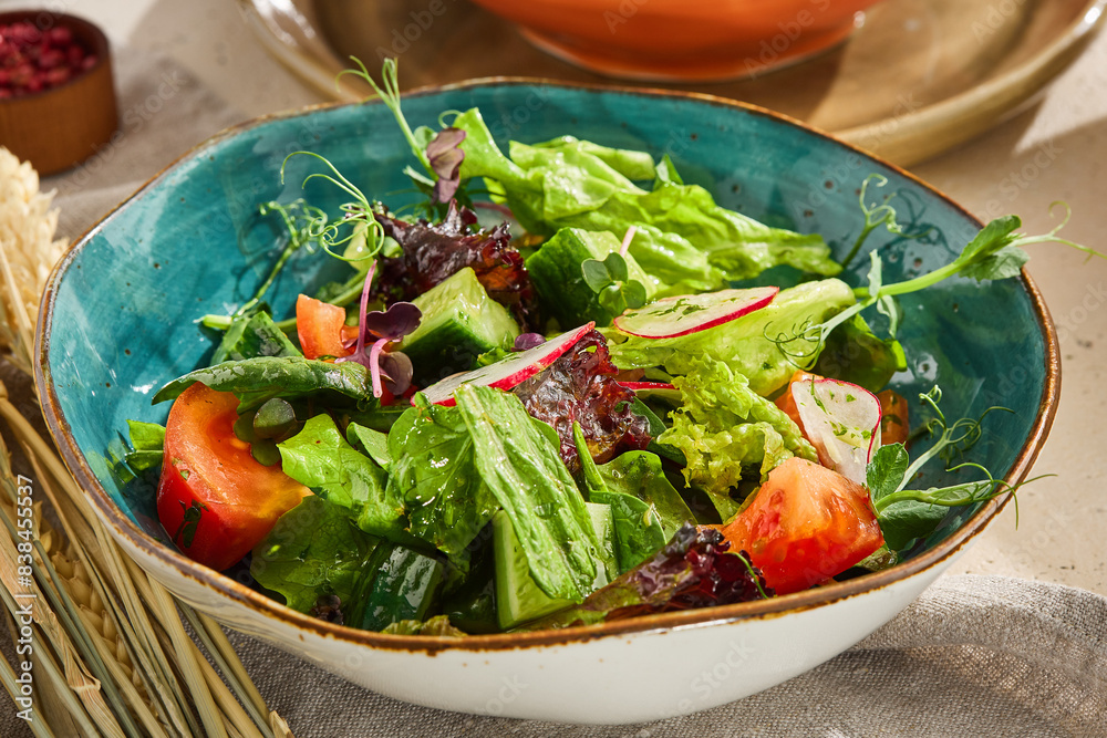 Fresh Vegan Vegetable Salad with Greens and Tomatoes in a Rustic Bowl Fresh Vegan Vegetable Salad with Greens and Tomatoes in a Rustic Bowl