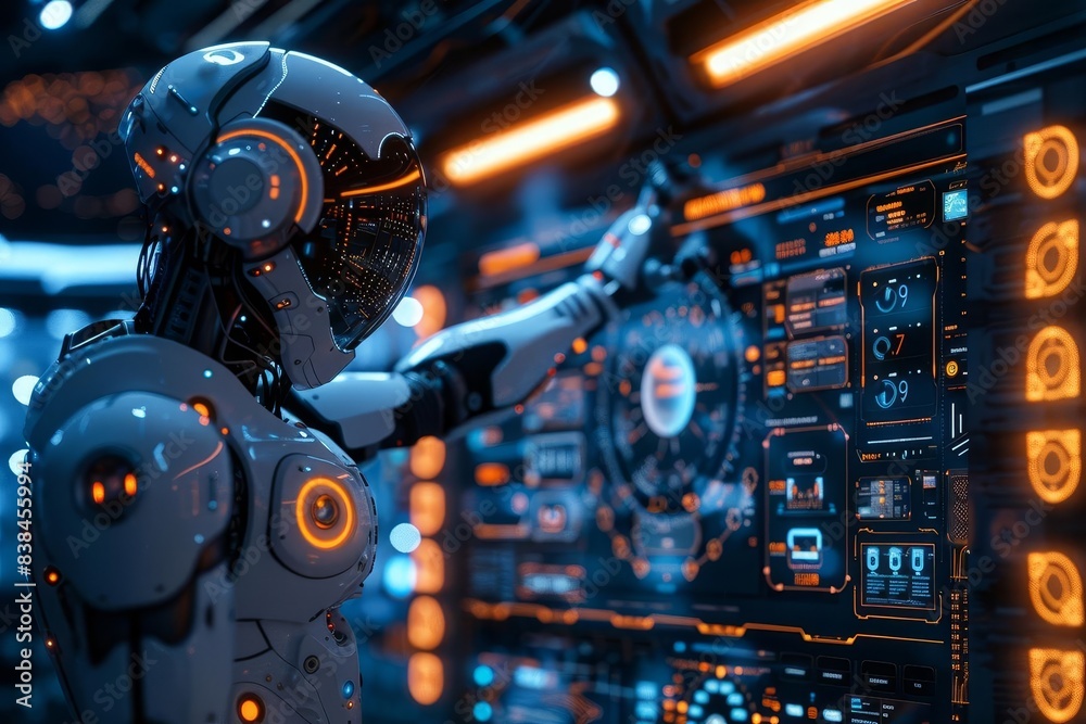 The simulation robot pointed at the large screen and introduced complex data The simulation robot pointed at the large screen and introduced complex data