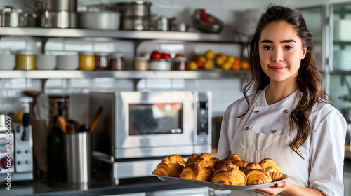 Fototapeta Naklejka Na Ścianę i Meble -  Professional Female Chef Presenting Freshly Baked Croissants in a Modern Kitchen