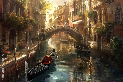 Romantic Canal Scene with Gondolas, Charming Bridges, and Historic Buildings in Sunlight photo