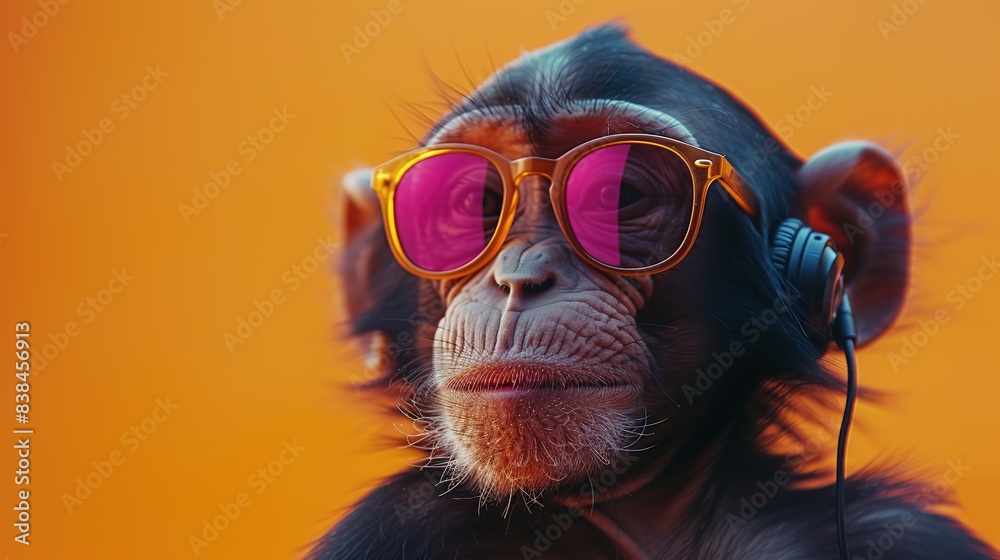 Portrait of a cute chimpanzee in sunglasses with headphones on orange background Portrait of a cute chimpanzee in sunglasses with headphones on orange background