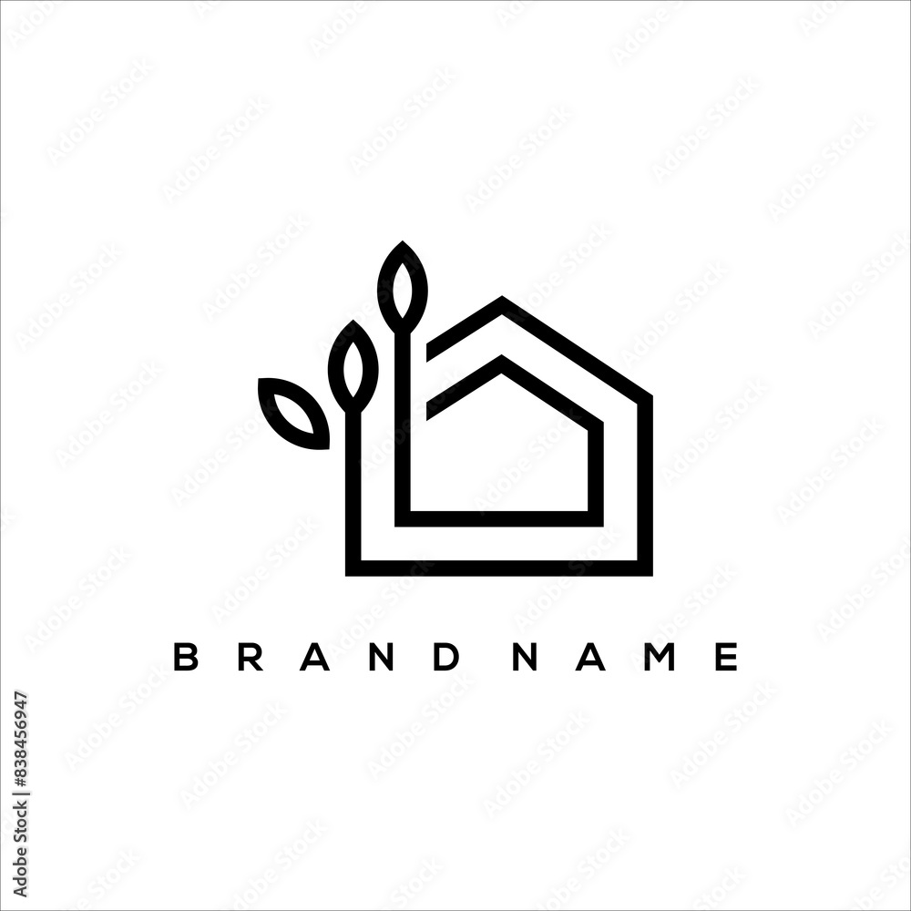 line art nature house logo vector