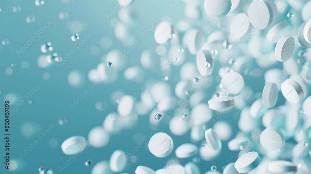 White pills scattered on a blue background.
White pills scattered on a blue background.
