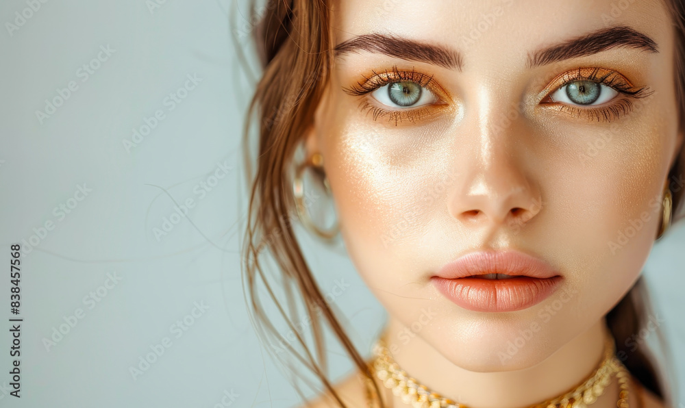 Elegant young woman with golden makeup and necklaces, captivating blue eyes, looking at camera, isolated on grey background, fashion beauty close-up for glamour, skincare, and jewelry themes Elegant young woman with golden makeup and necklaces, captivating blue eyes, looking at camera, isolated on grey background, fashion beauty close-up for glamour, skincare, and jewelry themes