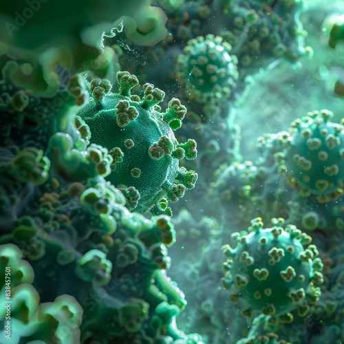 virus simulation at high magnification, long narrow panoramic view, cellular structure, chlorophyll, fictional graphics, micro level, in green