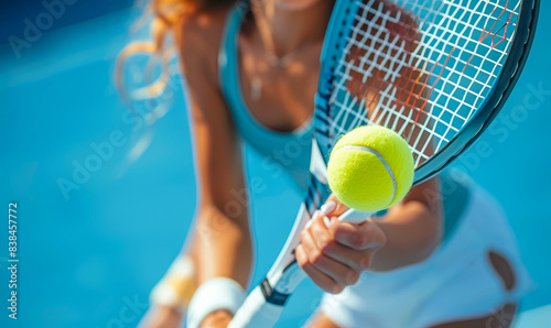 Sportive young woman playing tennis with focus on racket and ball in action on blue court, dynamic athletic shot, daylight setting, fitness and outdoor activity concept