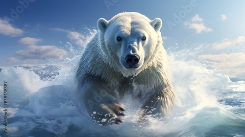Powerful polar bear traversing across an Arctic ice floe 