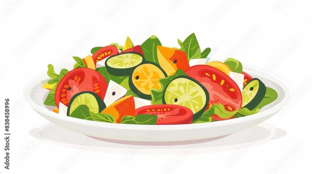 Cartoon-style vector of a fresh vegetable salad on a plate, isolated on a white background.
Cartoon-style vector of a fresh vegetable salad on a plate, isolated on a white background.