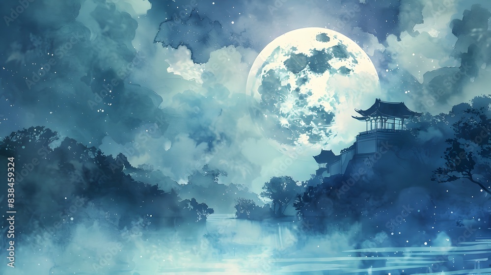 Mystical Moonlit Lakeside Landscape with Pagoda Silhouette