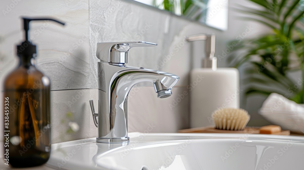 Bathroom interior with a sink and an open chrome faucet.
Bathroom interior with a sink and an open chrome faucet.